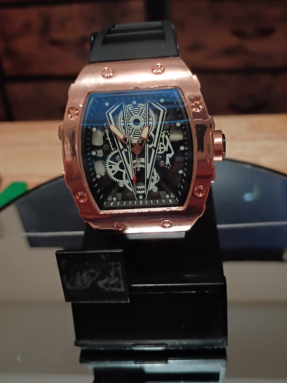 Rose Gold Mechanical-Style Men's Watch with Black Strap